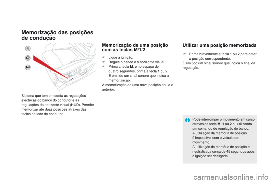 CITROEN DS5 2015  Manual do condutor (in Portuguese) DS5_pt_Chap03_confort_ed01-2015
Memorização das posições 
de condução
Sistema que tem em conta as regulações 
eléctricas do banco do condutor e as 
regulações do horizonte visual (HUD). Per