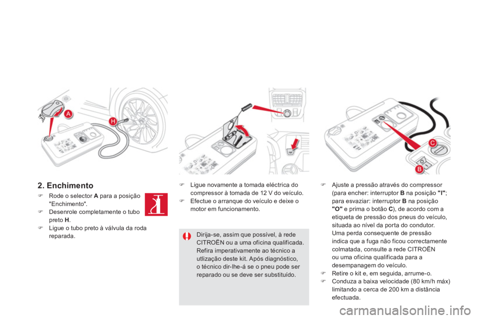 CITROEN DS5 2013  Manual do condutor (in Portuguese) �)Rode o selector  A   para a posição"Enchimento". �)Desenrole completamente o tubopreto  H.�)Ligue o tubo preto à válvula da rodareparada.  
 
�) 
 Ligue novamente a tomada eléctrica docompresso
