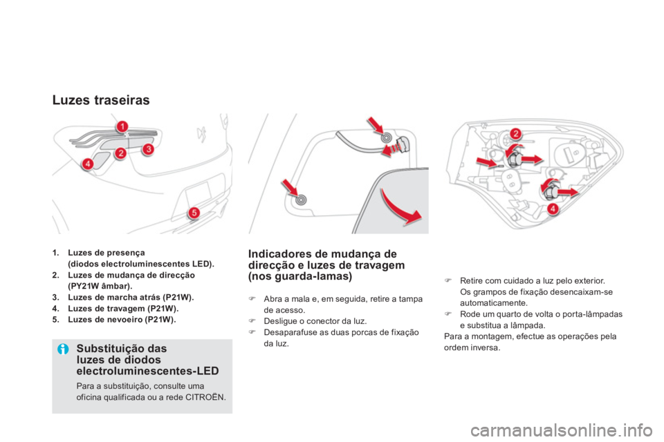 CITROEN DS5 2013  Manual do condutor (in Portuguese) 1.Luzes de presença(diodos electroluminescentes LED).2.Luzes de mudança de direcção (PY21W âmbar).3. Luzes de marcha atrás (P21W).4.Luzes de travagem (P21W).5.Luzes de nevoeiro (P21W).
Luzes tra