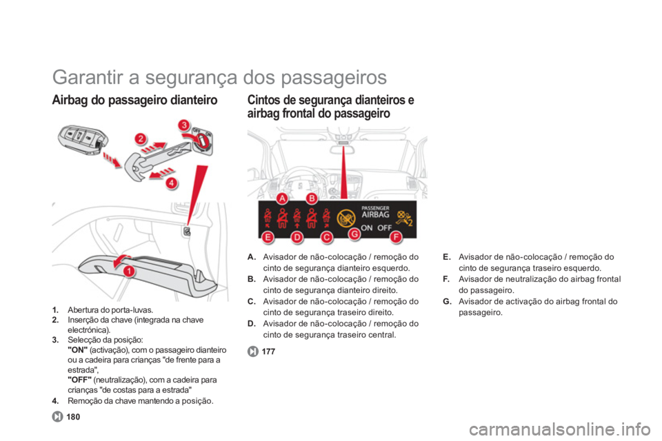 CITROEN DS5 2013  Manual do condutor (in Portuguese)   Garantir a segurança dos passageiros 
1.Abertura do porta-luvas. 2. 
  Inserção da chave (integrada na chave 
electrónica).3.    Selecção da posição: 
"ON"(activação), com o passageiro dia