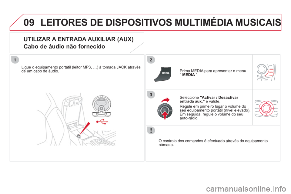 CITROEN DS5 2013  Manual do condutor (in Portuguese) 09LEITORES DE DISPOSITIVOS MULTIMÉDIA MUSICAIS 
   
UTILIZAR A ENTRADA AUXILIAR (AUX)  
Cabo de áudio não fornecido 
Ligue o equipamento portátil (leitor MP3, …) à tomada JACK através de um ca
