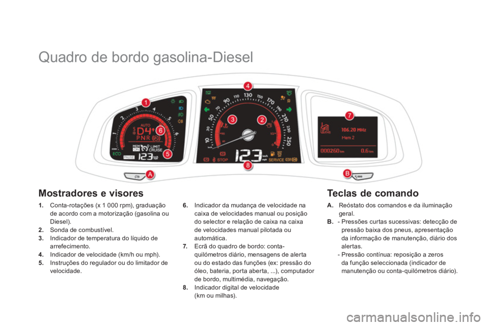 CITROEN DS5 2013  Manual do condutor (in Portuguese)    
 
 
 
 
Quadro de bordo gasolina-Diesel 
1. 
 Conta-rotações (x 1 000 rpm), graduação 
de acordo com a motorização (gasolina ou 
Diesel).2.   Sonda de combustível. 3.Indicador de temperatur