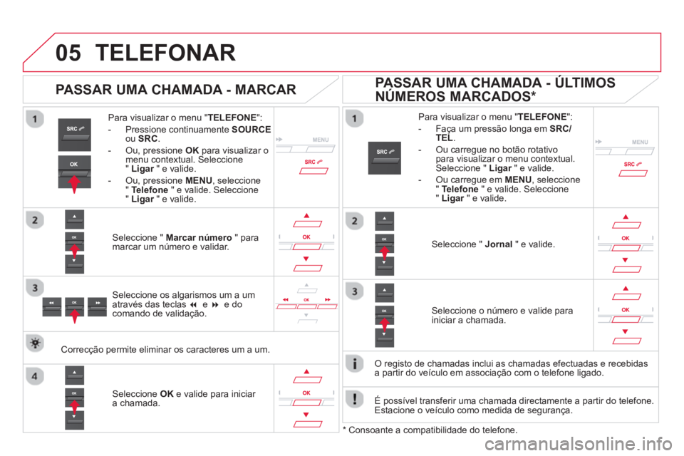 CITROEN DS5 2013  Manual do condutor (in Portuguese)  
  
05TELEFONAR
Para visualizar o menu "TELEFONE 
": 
-  Pr
essione continuamente SOURCEou  SRC.
-  Ou, pressione OK 
 para visualizar o menu contextual. Seleccione"  Ligar" e valide.r
-  Ou, pressio