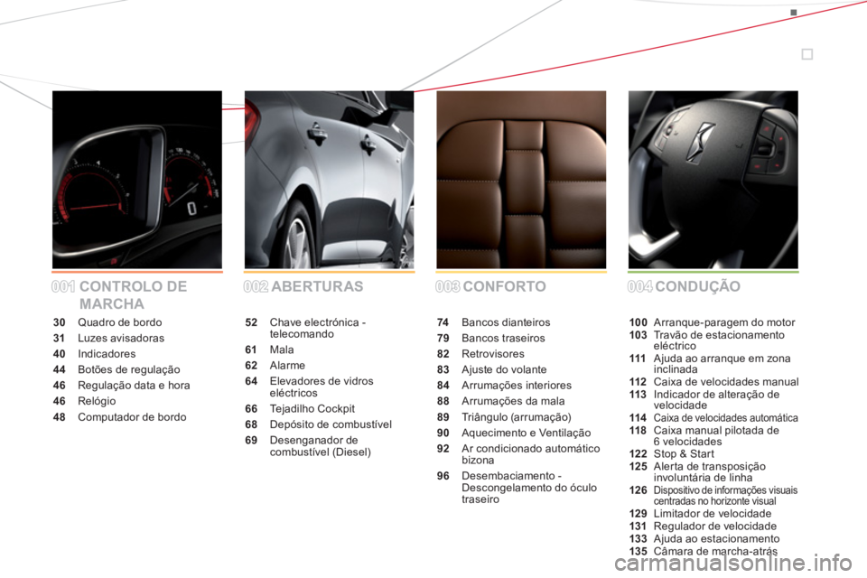 CITROEN DS5 2013  Manual do condutor (in Portuguese) 001001002002003003004004 CONFORTO ABERTURAS  CONTROLO DE 
MARCHACONDUÇÃO
30 Quadro de bordo
31 Luzes avisadoras
40Indicadores
44Botões de regulação
46  Regulação data e hora
46 Relógio
48  Com