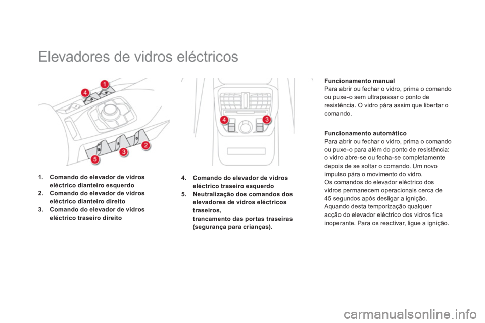 CITROEN DS5 2013  Manual do condutor (in Portuguese)    
 
 
 
 
Elevadores de vidros eléctricos 
1.Comando do elevador de vidros
eléctrico dianteiro esquerdo2.Comando do elevador de vidros
eléctrico dianteiro direito3.Comando do elevador de vidros
e