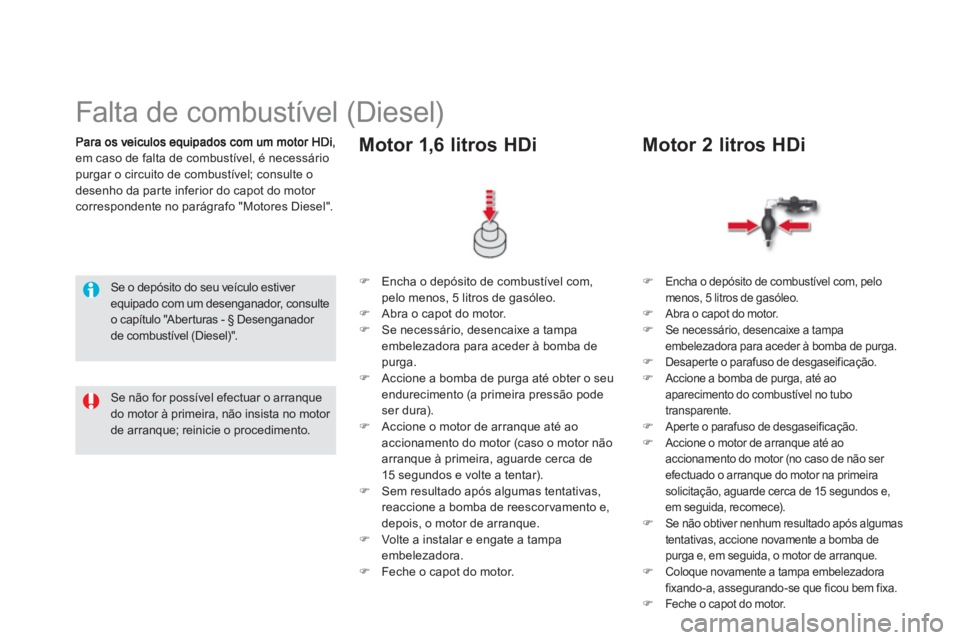 CITROEN DS5 2012  Manual do condutor (in Portuguese) em caso de falta de combustível, é necessáriopurgar o circuito de combustível; consulte o 
desenho da par te inferior do capot do motor 
correspondente no parágrafo "Motores Diesel". 
   
 
 
 
 