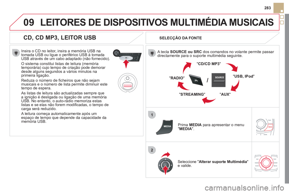 CITROEN DS5 2012 Manual do condutor (in Portuguese) 09
1
2
SRC/
283
LEITORES DE DISPOSITIVOS MULTIMÉDIA MUSICAIS
CD, CD MP3, LEITOR USB
Insira o CD no leitor, insira a memória USB na
tomada USB ou ligue o periférico USB à tomadaUSB atrav CITROEN DS5 2012 Manual do condutor (in Portuguese) 09
1
2
SRC/
283
LEITORES DE DISPOSITIVOS MULTIMÉDIA MUSICAIS
CD, CD MP3, LEITOR USB
Insira o CD no leitor, insira a memória USB na
tomada USB ou ligue o periférico USB à tomadaUSB atrav