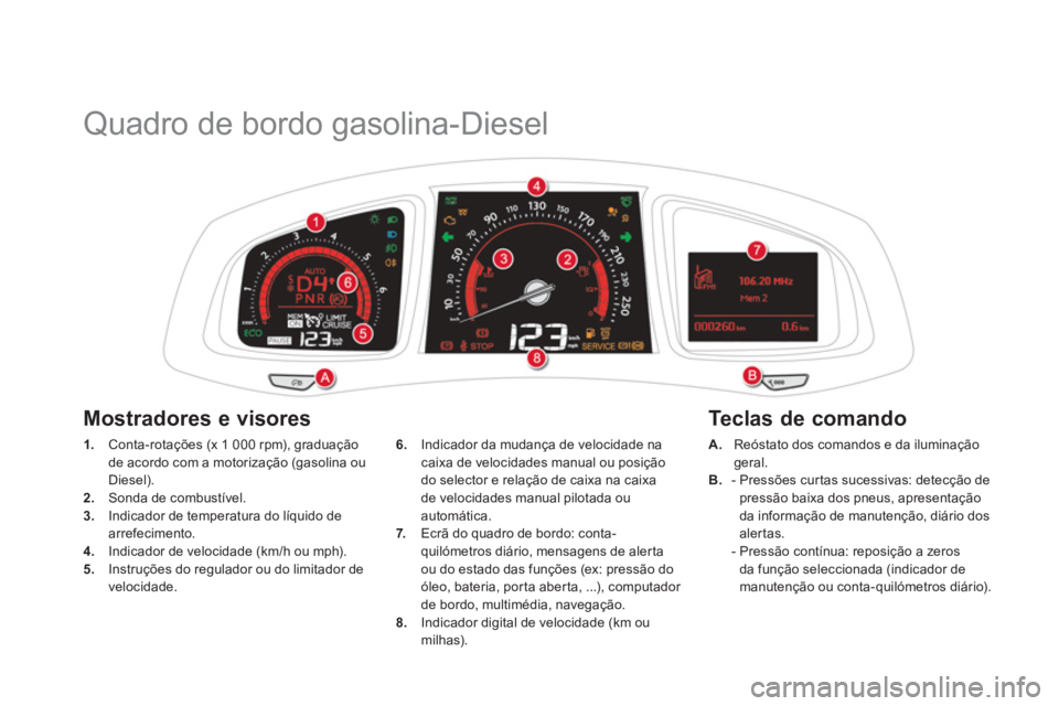 CITROEN DS5 2012 Manual do condutor (in Portuguese)
Quadro de bordo gasolina-Diesel
1.
Conta-rotações (x 1 000 rpm), graduação
de acordo com a motorização (gasolina ou
Diesel).2. Sonda de combustível. 3.Indicador de temperatur CITROEN DS5 2012 Manual do condutor (in Portuguese)
Quadro de bordo gasolina-Diesel
1.
Conta-rotações (x 1 000 rpm), graduação
de acordo com a motorização (gasolina ou
Diesel).2. Sonda de combustível. 3.Indicador de temperatur