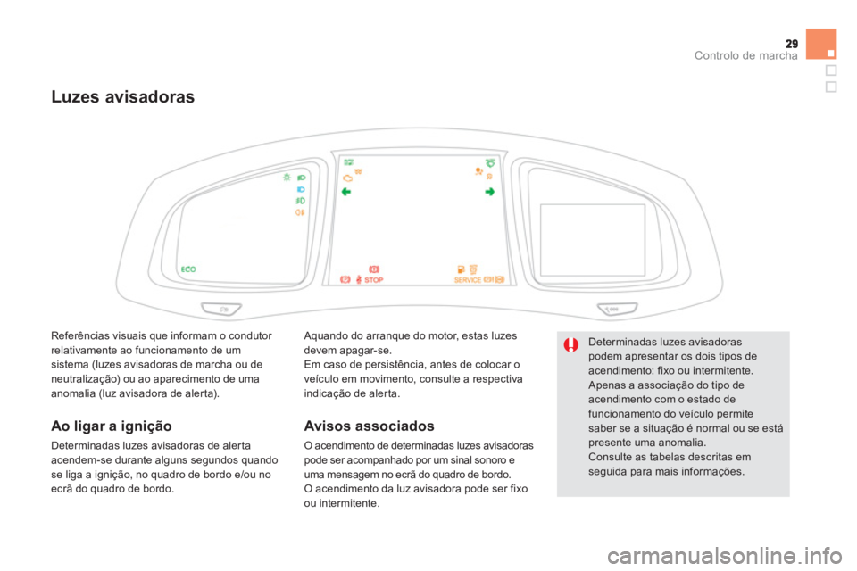 CITROEN DS5 2012 Manual do condutor (in Portuguese) Controlo de marcha
Luzes avisadoras
Aquando do arranque do motor, estas luzesdevem apagar-se.
Em caso de persistência, antes de colocar o
veículo em movimento, consulte a respectivaindicação d CITROEN DS5 2012 Manual do condutor (in Portuguese) Controlo de marcha
Luzes avisadoras
Aquando do arranque do motor, estas luzesdevem apagar-se.
Em caso de persistência, antes de colocar o
veículo em movimento, consulte a respectivaindicação d