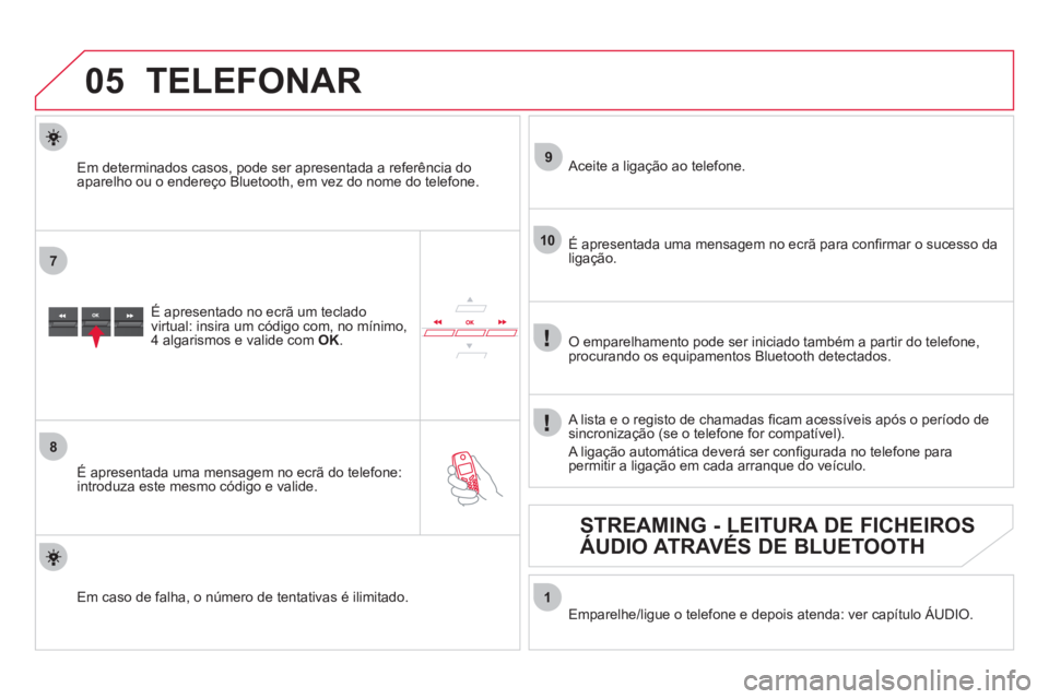 CITROEN DS5 2012  Manual do condutor (in Portuguese)  
05
7
8
9
10
1
TELEFONAR
É apresentado no ecrã um teclado 
virtual: insira um código com, no mínimo, 
4 algarismos e valide com  OK . 
 
   
É apresentada uma mensa
gem no ecrã do telefone: 
in