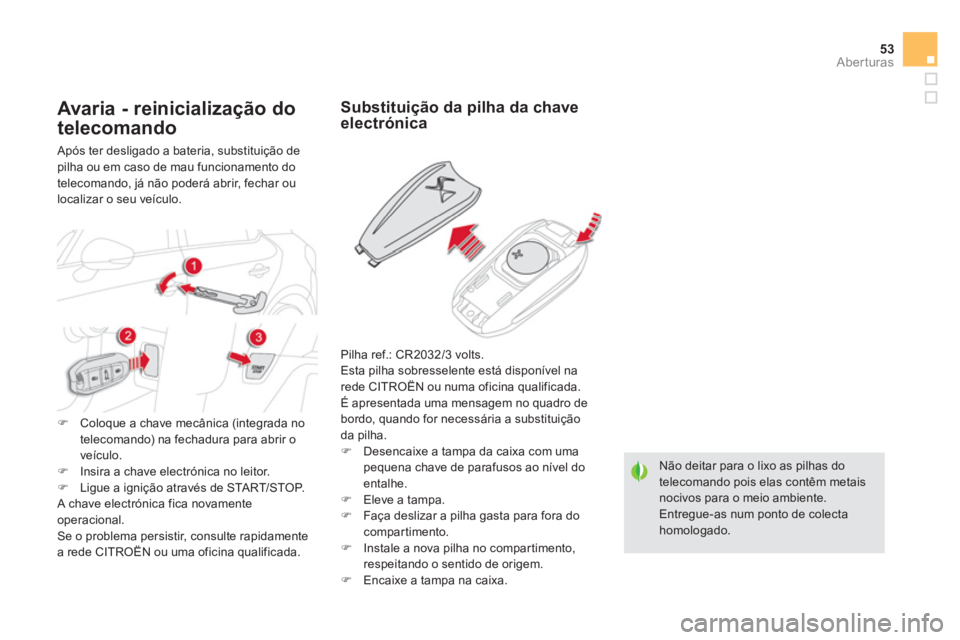 CITROEN DS5 2012  Manual do condutor (in Portuguese) 53Aberturas
Não deitar para o lixo as pilhas dotelecomando pois elas contêm metais nocivos para o meio ambiente.   Entregue-as num ponto de colectahomologado. 
Substituição da pilha da chaveelectr