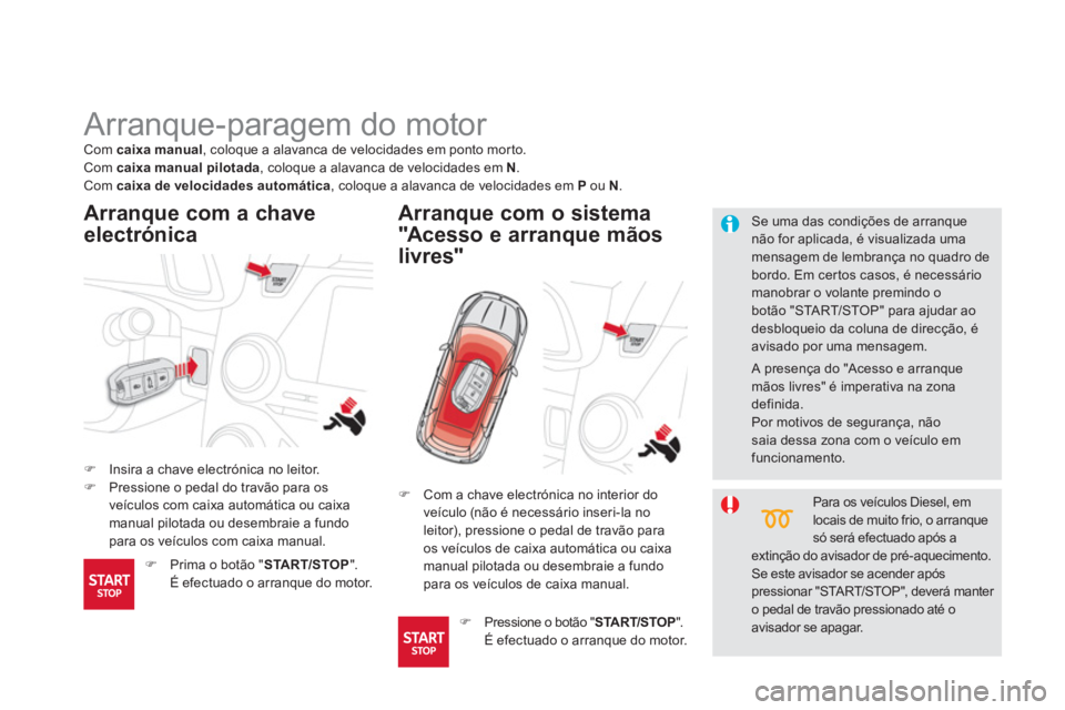 CITROEN DS5 2012  Manual do condutor (in Portuguese)    
 
 
 
 
 
 
 
Arranque-paragem do motor 
�)Insira a chave electr