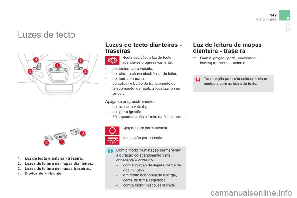 CITROEN DS5 2011 Manual do condutor (in Portuguese) 147Visibilidade
1.Luz de tecto dianteira - traseira.2.Luzes de leitura de mapas dianteiras.3.Luzes de leitura de mapas traseiras.4.Díodos de ambiente.
Luzes de tecto
Nesta CITROEN DS5 2011 Manual do condutor (in Portuguese) 147Visibilidade
1.Luz de tecto dianteira - traseira.2.Luzes de leitura de mapas dianteiras.3.Luzes de leitura de mapas traseiras.4.Díodos de ambiente.
Luzes de tecto
Nesta