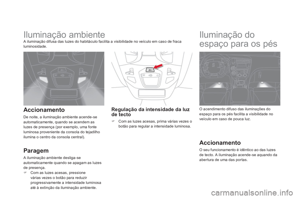 CITROEN DS5 2011 Manual do condutor (in Portuguese)
Iluminação ambiente A iluminação difusa das luzes do habitáculo facilita a visibilidade no veículo em caso de fracaluminosidade.
Accionamento
De noite, a iluminação ambien CITROEN DS5 2011 Manual do condutor (in Portuguese)
Iluminação ambiente A iluminação difusa das luzes do habitáculo facilita a visibilidade no veículo em caso de fracaluminosidade.
Accionamento
De noite, a iluminação ambien