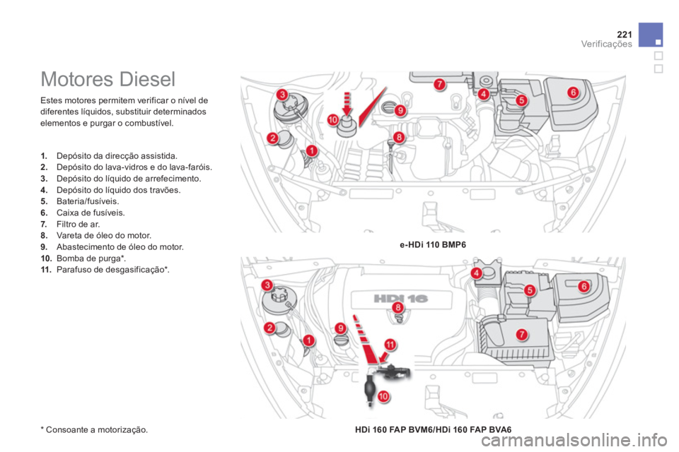 CITROEN DS5 2011  Manual do condutor (in Portuguese) 221Ver if ic aç ões
  Estes motores permitem verificar o nível de
di
ferentes líquidos, substituir determinados elementos e purgar o combustível.
   
* 
  Consoante a motorização.  
 
 
 
 
 
 
