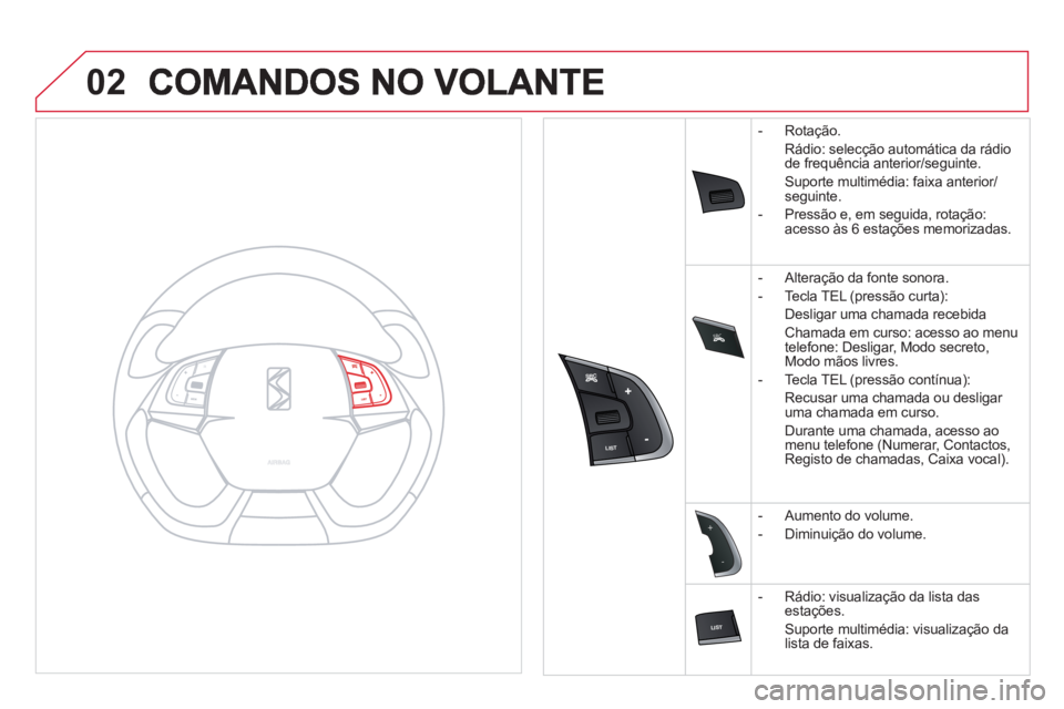 CITROEN DS5 2011 Manual do condutor (in Portuguese) SRC
02
-
+
- Rotação.
Rádio: selecção automática da rádio
de
frequência anterior/seguinte.
Suporte multimédia: faixa anterior/seguinte. CITROEN DS5 2011 Manual do condutor (in Portuguese) SRC
02
-
+
- Rotação.
Rádio: selecção automática da rádio
de
frequência anterior/seguinte.
Suporte multimédia: faixa anterior/seguinte.
