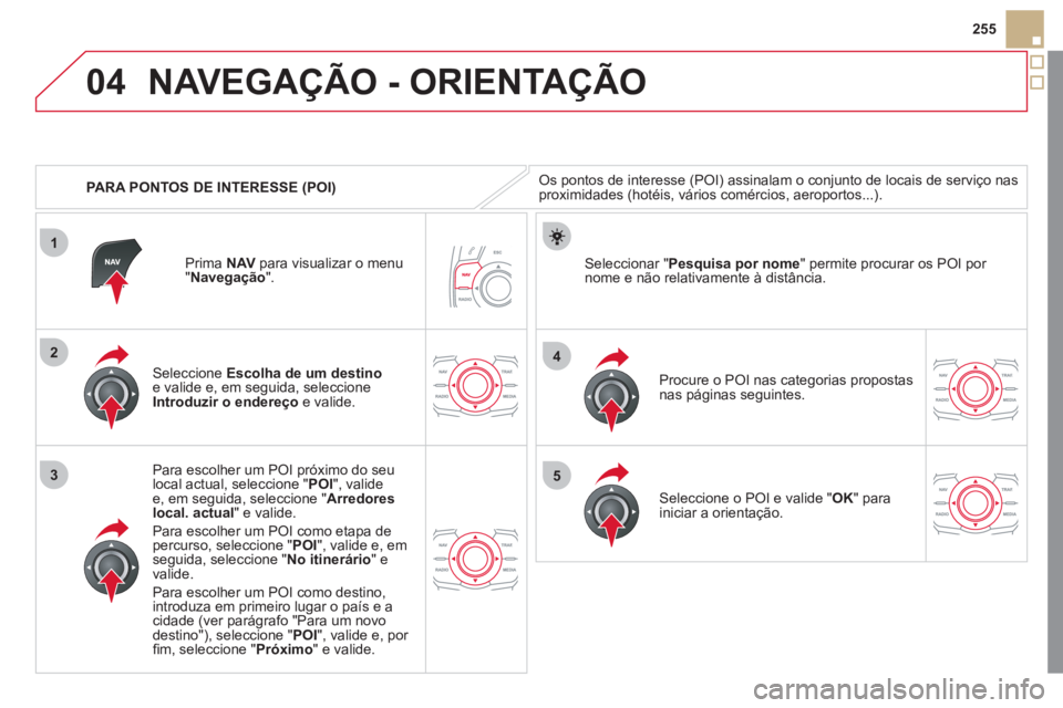 CITROEN DS5 2011 Manual do condutor (in Portuguese) 04
1
3
4
5
2
255
PARA PONTOS DE INTERESSE
(POI)
NAVEGAÇÃO - ORIENTAÇÃO
Os pontos de interesse (POI) assinalam o conjunto de locais de serviço nasproximidades (hotéis, vários comércios, CITROEN DS5 2011 Manual do condutor (in Portuguese) 04
1
3
4
5
2
255
PARA PONTOS DE INTERESSE
(POI)
NAVEGAÇÃO - ORIENTAÇÃO
Os pontos de interesse (POI) assinalam o conjunto de locais de serviço nasproximidades (hotéis, vários comércios,