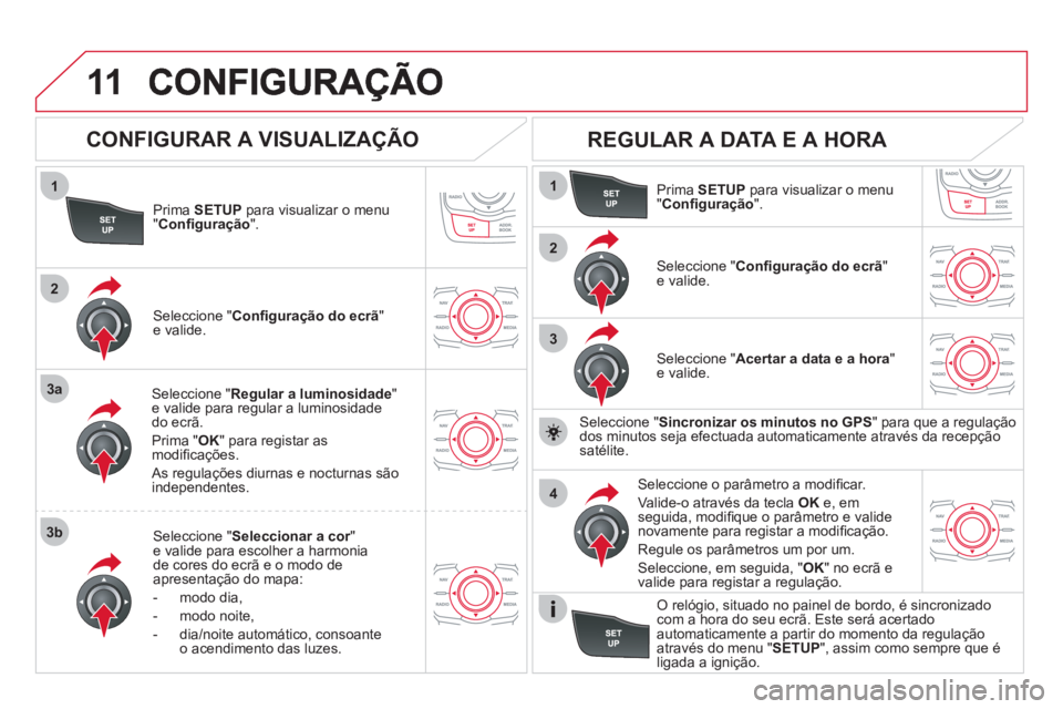 CITROEN DS5 2011  Manual do condutor (in Portuguese) 11
1
2
3a
3b
1
2
3
4
Prima  SETUP 
 para visualizar o menu"Conﬁ guração".
Seleccione " Regular a luminosidade"e valide para regular a luminosidade do ecrã. 
Prim
a " OK" para registar as
modiﬁ 