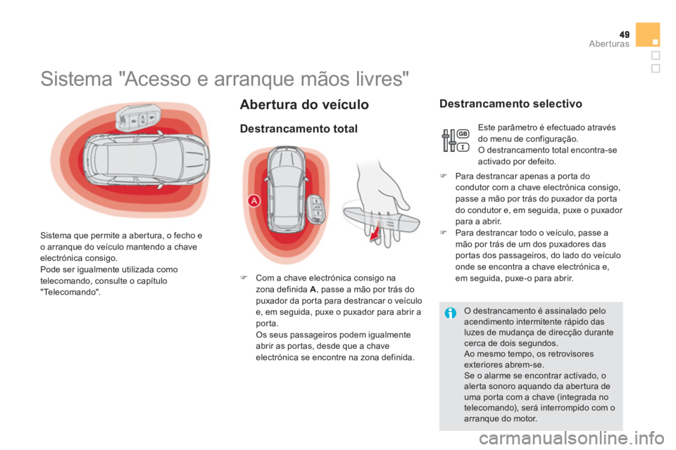 CITROEN DS5 2011  Manual do condutor (in Portuguese) Aberturas
Abertura do veículo 
   
 
 
 
 
 
 
 
 
 
 
 
 
 
 
 
 
 
 
 
Sistema "Acesso e arranque mãos livres" 
 
 
Sistema que permite a aber tura, o fecho e 
o arranque do veículo mantendo a ch
