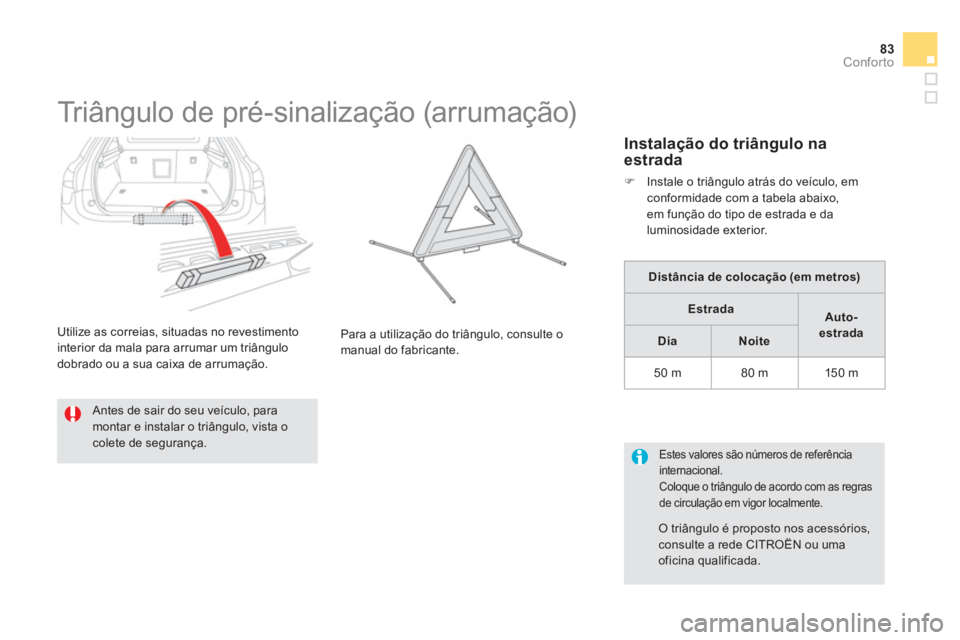 CITROEN DS5 2011  Manual do condutor (in Portuguese) 83Conforto
   
 
 
 
 
 
 
 
 
 
 
Triângulo de pré-sinalização (arrumação) 
 
 Antes de sair do seu veículo, para montar e instalar o triângulo, vista o colete de segurança.  Para a utiliza