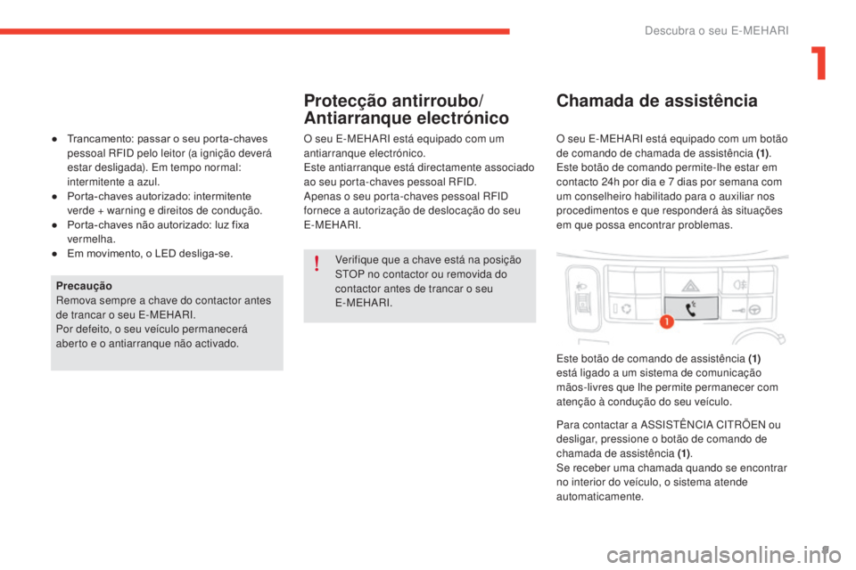 CITROEN E-MEHARI 2017 Manual do condutor (in Portuguese) 9
e-mehari_pt_Chap01_faite-connaissance_ed03-2016
Verifique que a chave está na posição
STOP no contactor ou removida do
contactor antes de trancar o seu
E-MEHARI.
Precaução
Remova sempre a ch CITROEN E-MEHARI 2017 Manual do condutor (in Portuguese) 9
e-mehari_pt_Chap01_faite-connaissance_ed03-2016
Verifique que a chave está na posição
STOP no contactor ou removida do
contactor antes de trancar o seu
E-MEHARI.
Precaução
Remova sempre a ch
