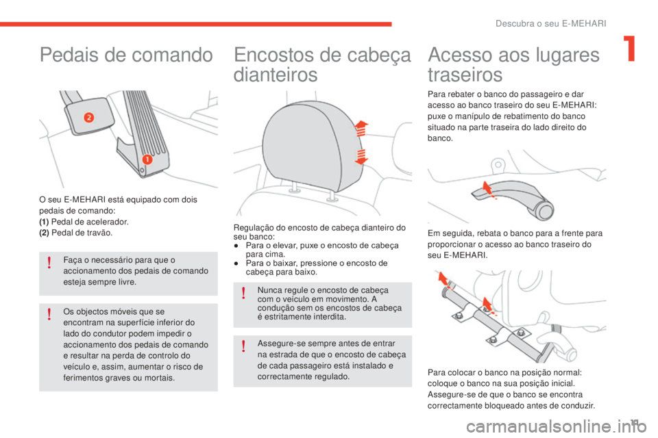 CITROEN E-MEHARI 2017 Manual do condutor (in Portuguese) 11
e-mehari_pt_Chap01_faite-connaissance_ed03-2016
Pedais de comando
Faça o necessário para que o
accionamento dos pedais de comando
esteja sempre livre.
Os objectos móveis que se
encontram na s CITROEN E-MEHARI 2017 Manual do condutor (in Portuguese) 11
e-mehari_pt_Chap01_faite-connaissance_ed03-2016
Pedais de comando
Faça o necessário para que o
accionamento dos pedais de comando
esteja sempre livre.
Os objectos móveis que se
encontram na s