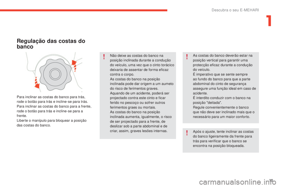CITROEN E-MEHARI 2017 Manual do condutor (in Portuguese) 13
e-mehari_pt_Chap01_faite-connaissance_ed03-2016
Não deixe as costas do banco na
posição inclinada durante a condução
do veículo, uma vez que o cinto torácico
deixaria de assentar de forma CITROEN E-MEHARI 2017 Manual do condutor (in Portuguese) 13
e-mehari_pt_Chap01_faite-connaissance_ed03-2016
Não deixe as costas do banco na
posição inclinada durante a condução
do veículo, uma vez que o cinto torácico
deixaria de assentar de forma