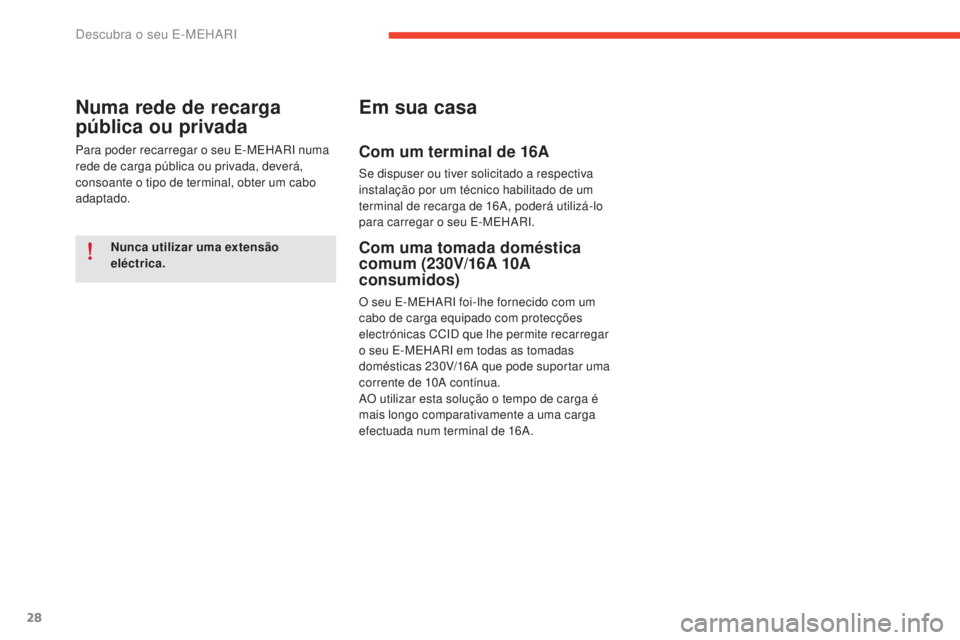 CITROEN E-MEHARI 2017 Manual do condutor (in Portuguese) 28
e-mehari_pt_Chap01_faite-connaissance_ed03-2016
Nunca utilizar uma extensão
eléctrica.
Numa rede de recarga
pública ou privada
Para poder recarregar o seu E-MEHARI numa
rede de carga pública CITROEN E-MEHARI 2017 Manual do condutor (in Portuguese) 28
e-mehari_pt_Chap01_faite-connaissance_ed03-2016
Nunca utilizar uma extensão
eléctrica.
Numa rede de recarga
pública ou privada
Para poder recarregar o seu E-MEHARI numa
rede de carga pública