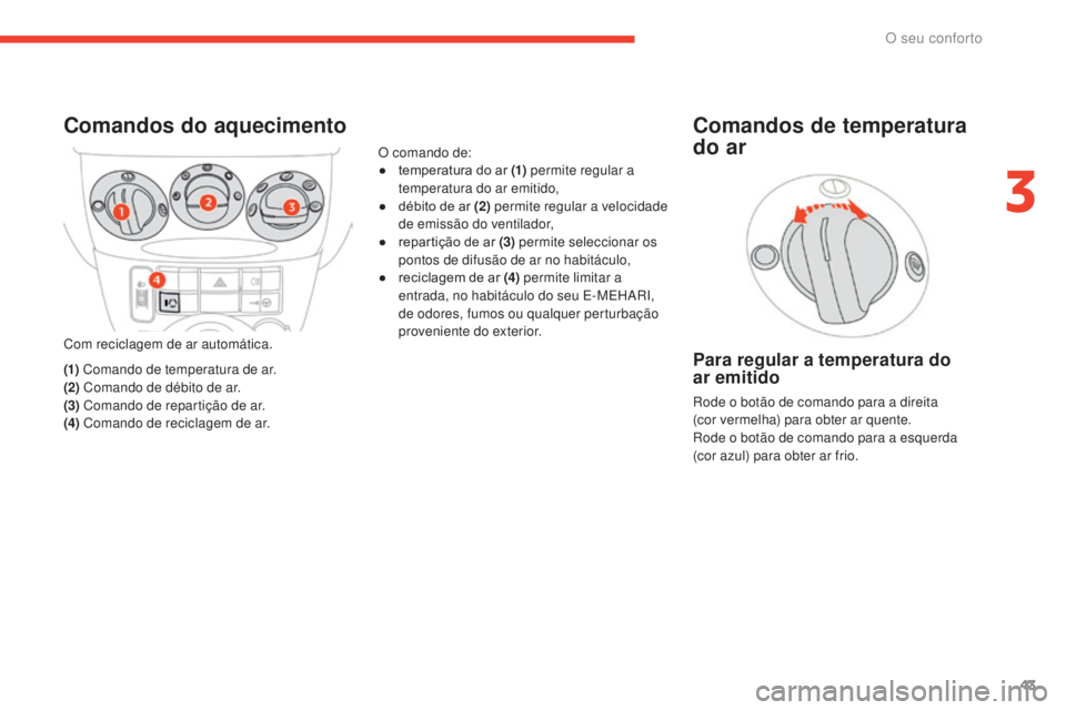 CITROEN E-MEHARI 2017 Manual do condutor (in Portuguese) 43
e-mehari_pt_Chap03_confort_ed03-2016
Comandos do aquecimento
Com reciclagem de ar automática.
(1) Comando de temperatura de ar.
(2) Comando de débito de ar.
(3) Comando de repartição de ar.
( CITROEN E-MEHARI 2017 Manual do condutor (in Portuguese) 43
e-mehari_pt_Chap03_confort_ed03-2016
Comandos do aquecimento
Com reciclagem de ar automática.
(1) Comando de temperatura de ar.
(2) Comando de débito de ar.
(3) Comando de repartição de ar.
(