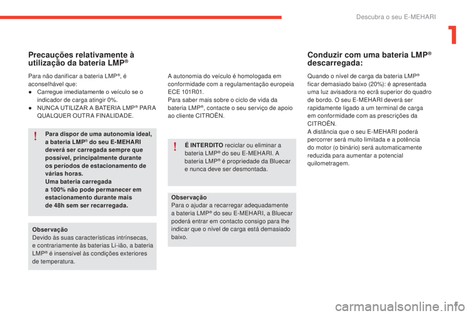 CITROEN E-MEHARI 2017  Manual do condutor (in Portuguese) 5
e-mehari_pt_Chap01_faite-connaissance_ed03-2016
Precauções relativamente à 
utilização da bateria LMP®
Observação
Devido às suas características intrínsecas,  
e contrariamente às bateri