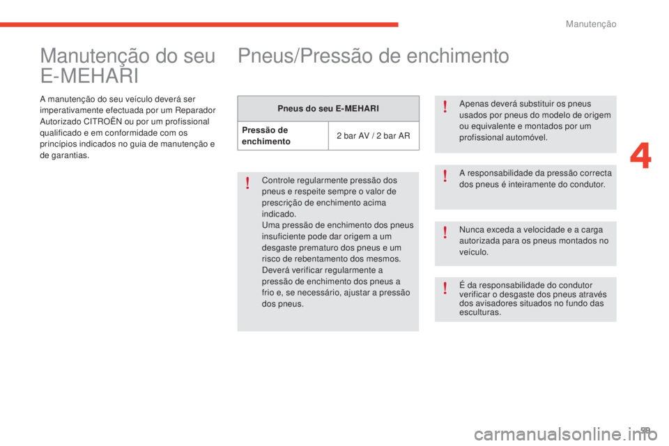 CITROEN E-MEHARI 2017  Manual do condutor (in Portuguese) 59
e-mehari_pt_Chap04_entretien_ed03-2016
Manutenção do seu 
E-MEHARI
A manutenção do seu veículo deverá ser 
imperativamente efectuada por um Reparador 
Autorizado CITROËN ou por um profission CITROEN E-MEHARI 2017  Manual do condutor (in Portuguese) 59
e-mehari_pt_Chap04_entretien_ed03-2016
Manutenção do seu 
E-MEHARI
A manutenção do seu veículo deverá ser 
imperativamente efectuada por um Reparador 
Autorizado CITROËN ou por um profission