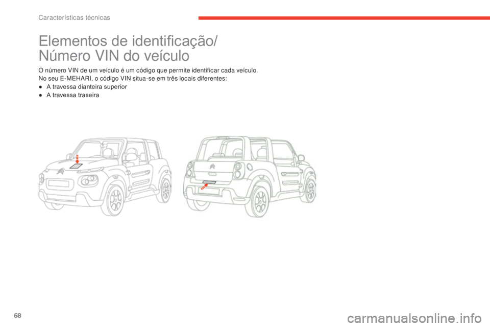 CITROEN E-MEHARI 2017  Manual do condutor (in Portuguese) 68
e-mehari_pt_Chap06_caracteristiques-techniques_ed03-2016
Elementos de identificação/ 
Número VIN do veículo
O número VIN de um veículo é um código que permite identificar cada veículo.
No  CITROEN E-MEHARI 2017  Manual do condutor (in Portuguese) 68
e-mehari_pt_Chap06_caracteristiques-techniques_ed03-2016
Elementos de identificação/ 
Número VIN do veículo
O número VIN de um veículo é um código que permite identificar cada veículo.
No