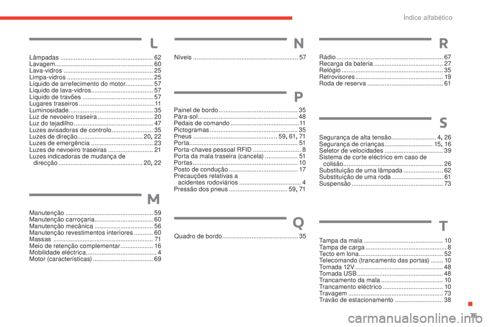 CITROEN E-MEHARI 2017  Manual do condutor (in Portuguese) 75
e-mehari_pt_Chap07_index-alpha_ed03-2016
Lâmpadas ......................................................62
L avagem ......................................................... 60
Lava-vidros
 

....