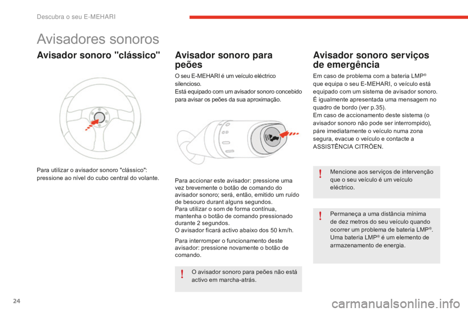 CITROEN E-MEHARI 2016 Manual do condutor (in Portuguese) 24
e-mehari_pt_Chap01_faite-connaissance_ed02-2016
Avisadores sonoros
Mencione aos serviços de intervenção
que o seu veículo é um veículo
eléctrico.
Permaneça a uma distância mínima
de de CITROEN E-MEHARI 2016 Manual do condutor (in Portuguese) 24
e-mehari_pt_Chap01_faite-connaissance_ed02-2016
Avisadores sonoros
Mencione aos serviços de intervenção
que o seu veículo é um veículo
eléctrico.
Permaneça a uma distância mínima
de de