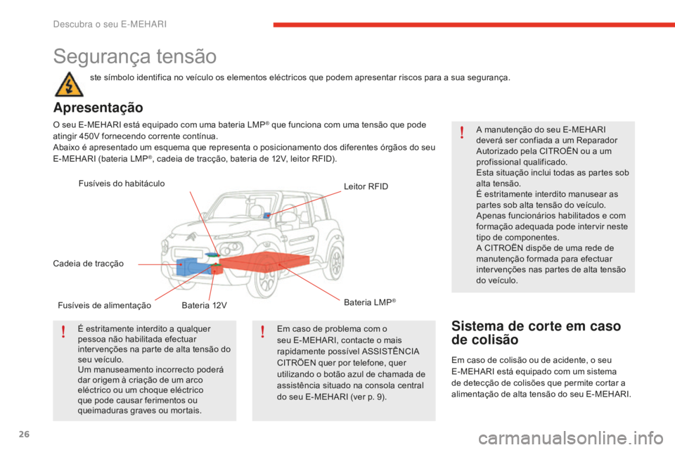 CITROEN E-MEHARI 2016 Manual do condutor (in Portuguese) 26
e-mehari_pt_Chap01_faite-connaissance_ed02-2016
Segurança tensão
ste símbolo identifica no veículo os elementos eléctricos que podem apresentar riscos para a sua segurança.
Apresentação
O s CITROEN E-MEHARI 2016 Manual do condutor (in Portuguese) 26
e-mehari_pt_Chap01_faite-connaissance_ed02-2016
Segurança tensão
ste símbolo identifica no veículo os elementos eléctricos que podem apresentar riscos para a sua segurança.
Apresentação
O s