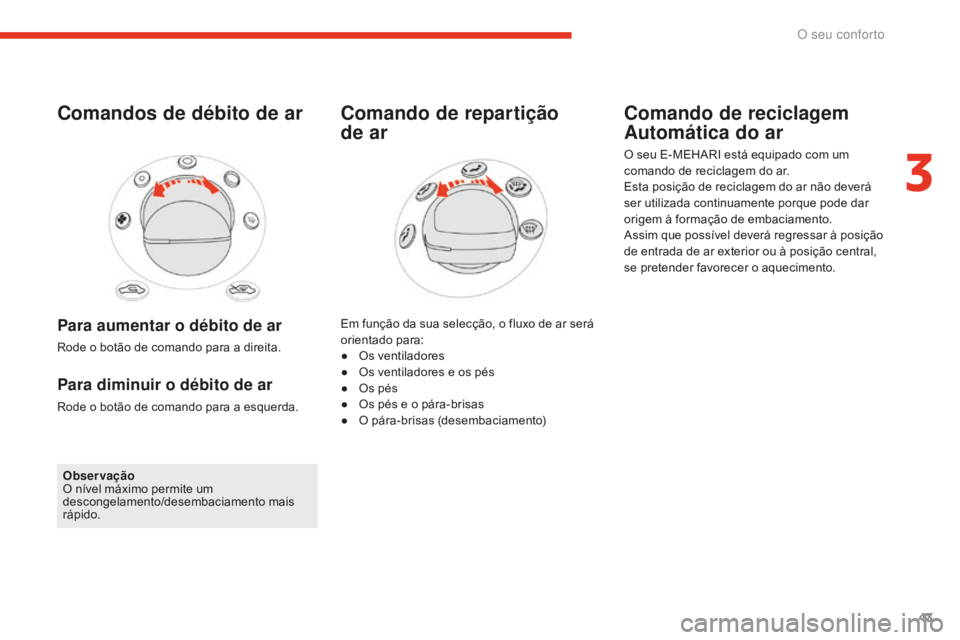CITROEN E-MEHARI 2016 Manual do condutor (in Portuguese) 43
e-mehari_pt_Chap03_confort_ed02-2016
Comandos de débito de ar
Para aumentar o débito de ar
Rode o botão de comando para a direita.
Para diminuir o débito de ar
Rode o botão de comando para a e CITROEN E-MEHARI 2016 Manual do condutor (in Portuguese) 43
e-mehari_pt_Chap03_confort_ed02-2016
Comandos de débito de ar
Para aumentar o débito de ar
Rode o botão de comando para a direita.
Para diminuir o débito de ar
Rode o botão de comando para a e