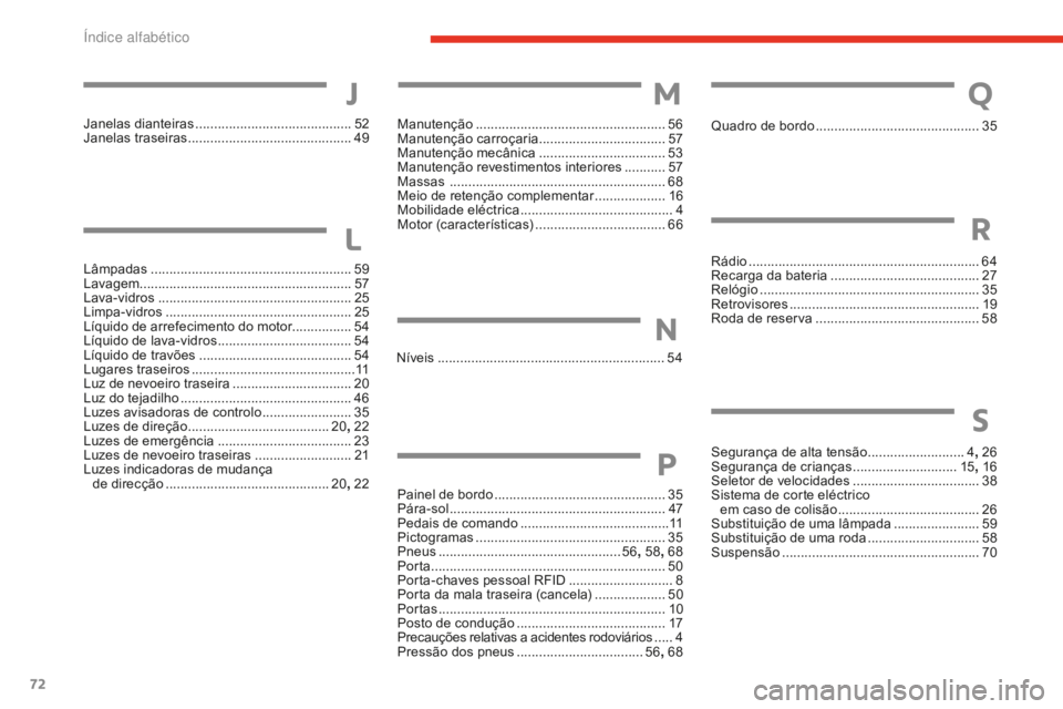 CITROEN E-MEHARI 2016  Manual do condutor (in Portuguese) 72
e-mehari_pt_Chap07_inde-alpha_ed02-2016
Manutenção ...................................................56
M anutenção carroçaria .................................. 57
M
anutenção mecânica
 .