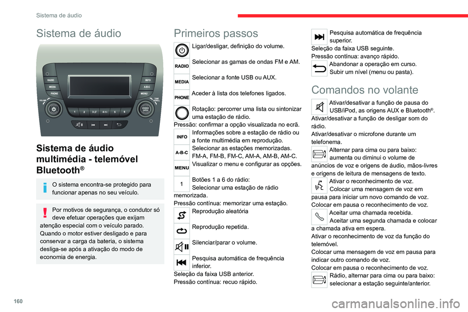 CITROEN JUMPER 2020 Manual do condutor (in Portuguese) 160
Sistema de áudio
Sistema de áudio
Sistema de áudio
multimédia - telemóvel
Bluetooth
®
O sistema encontra-se protegido para
funcionar apenas no seu veículo.
Por motivos de segurança, CITROEN JUMPER 2020 Manual do condutor (in Portuguese) 160
Sistema de áudio
Sistema de áudio
Sistema de áudio
multimédia - telemóvel
Bluetooth
®
O sistema encontra-se protegido para
funcionar apenas no seu veículo.
Por motivos de segurança,