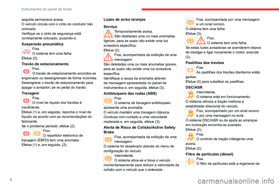 CITROEN JUMPER 2020 Manual do condutor (in Portuguese) 8
Instrumentos do painel de bordo
seguida permanece acesa.
O veículo circula com o cinto do condutor não
colocado.
Verifique se o cinto de segurança está
corretamente colocado, puxando-o.
Suspen CITROEN JUMPER 2020 Manual do condutor (in Portuguese) 8
Instrumentos do painel de bordo
seguida permanece acesa.
O veículo circula com o cinto do condutor não
colocado.
Verifique se o cinto de segurança está
corretamente colocado, puxando-o.
Suspen