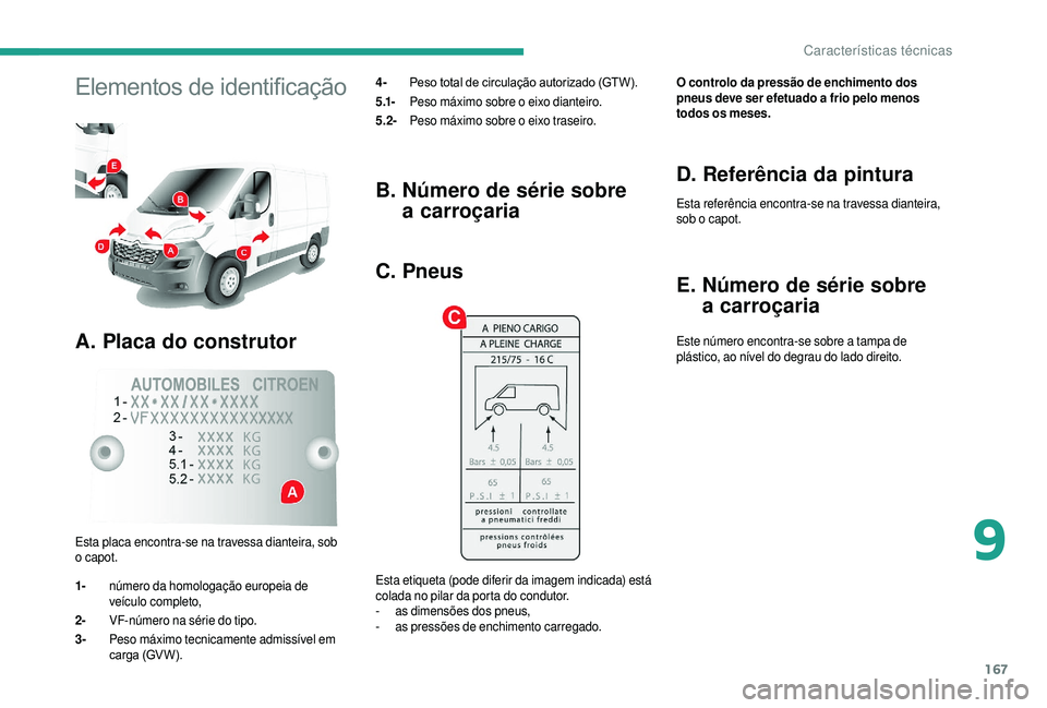 CITROEN JUMPER 2019  Manual do condutor (in Portuguese) 167
Elementos de identificação
A. Placa do construtor
4- Peso total de circulação autorizado (GTW).
5 .1-   Peso máximo sobre o
  eixo dianteiro.
5.2-  Peso máximo sobre o
  eixo traseiro.
Esta 