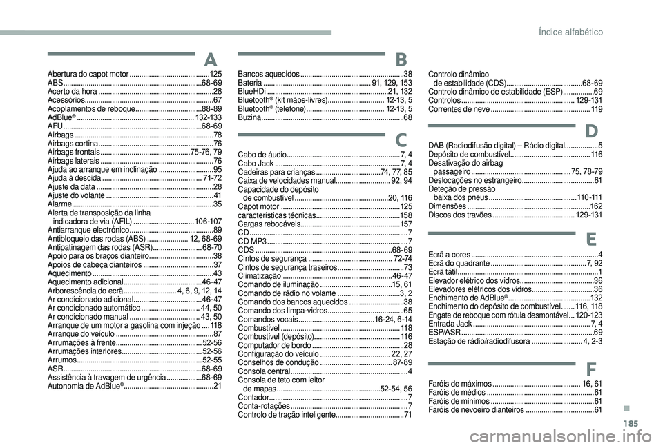 CITROEN JUMPER 2019  Manual do condutor (in Portuguese) 185
Abertura do capot motor .........................................12 5
ABS ....................................................................... 68-69
Acerto da hora
  ...........................