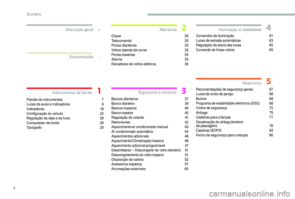 CITROEN JUMPER 2019  Manual do condutor (in Portuguese) 2
.
.
Painéis de instrumentos 7
L uzes de aviso e indicadoras  8
In
dicadores
 
 18
Configuração do veículo
 
2
 2
Regulação da data e da hora
 
2
 8
Computador de bordo
 
2
 8
Tacógrafo
 2

9C