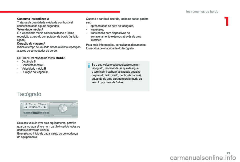 CITROEN JUMPER 2019 Manual do condutor (in Portuguese) 29
Consumo instantâneo A
Trata-se da quantidade média de combustível
consumido após alguns segundos.
Velocidade média A
É a velocidade média calculada desde a última
reposição a
zero CITROEN JUMPER 2019 Manual do condutor (in Portuguese) 29
Consumo instantâneo A
Trata-se da quantidade média de combustível
consumido após alguns segundos.
Velocidade média A
É a velocidade média calculada desde a última
reposição a
zero