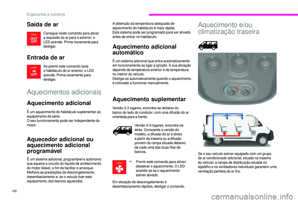 CITROEN JUMPER 2019  Manual do condutor (in Portuguese) 46
Saída de ar
Carregue neste comando para ativar 
a  expulsão do ar para o   exterior; o 
LED acende. Prima novamente para 
desligar.
Entrada de ar
Ao premir este comando isola 
o   habitáculo do 