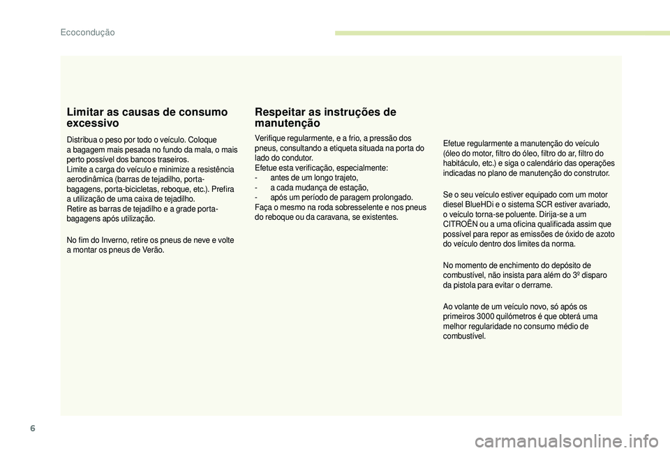 CITROEN JUMPER 2019  Manual do condutor (in Portuguese) 6
Limitar as causas de consumo 
excessivo
Distribua o peso por todo o veículo. Coloque 
a   bagagem mais pesada no fundo da mala, o mais 
perto possível dos bancos traseiros.
Limite a
  carga do ve�