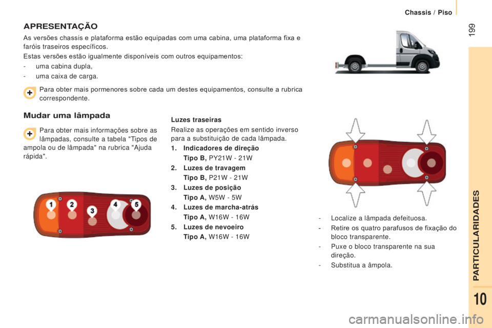 CITROEN JUMPER 2017  Manual do condutor (in Portuguese)  199
Chassis / Piso
Jumper_pt_Chap10_Particularites_ed01-2016
APRESENTAÇÃO
As versões chassis e plataforma estão equipadas com uma cabina, uma plataforma fixa e 
faróis traseiros específicos.
Es