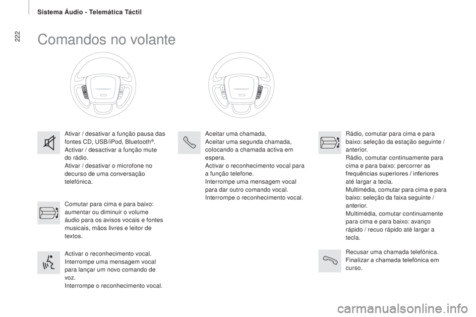 CITROEN JUMPER 2017  Manual do condutor (in Portuguese) Sistema Áudio - Telemática Táctil
222
Jumper_pt_Chap11a_Autoradio-Fiat-tactile-1_ed01-2016
Comandos no volante
Ativar / desativar a função pausa das 
fontes CD, USB/iPod, Bluetooth®.
Activar / d