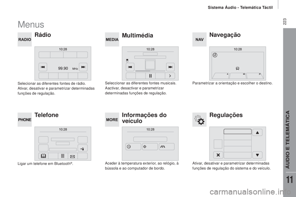 CITROEN JUMPER 2017 Manual do condutor (in Portuguese) Sistema Áudio - Telemática Táctil
223
Jumper_pt_Chap11a_Autoradio-Fiat-tactile-1_ed01-2016
Menus
Navegação
Multimédia
Rádio
Regulações
Telefone Informações do
veículo
Parametrizar a orie CITROEN JUMPER 2017 Manual do condutor (in Portuguese) Sistema Áudio - Telemática Táctil
223
Jumper_pt_Chap11a_Autoradio-Fiat-tactile-1_ed01-2016
Menus
Navegação
Multimédia
Rádio
Regulações
Telefone Informações do
veículo
Parametrizar a orie