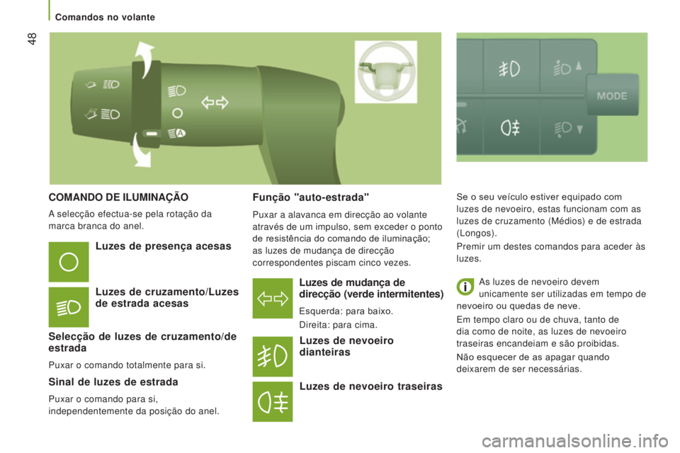 CITROEN JUMPER 2017 Manual do condutor (in Portuguese) 48
Jumper_pt_Chap03_Ergo-et-confort_ed01-2016
COMANDO DE ILUMINAÇÃO
Luzes de mudança de
direcção (verde intermitentes)
Esquerda: para baixo.
Direita: para cima.
Luzes de presença acesas
Luzes CITROEN JUMPER 2017 Manual do condutor (in Portuguese) 48
Jumper_pt_Chap03_Ergo-et-confort_ed01-2016
COMANDO DE ILUMINAÇÃO
Luzes de mudança de
direcção (verde intermitentes)
Esquerda: para baixo.
Direita: para cima.
Luzes de presença acesas
Luzes