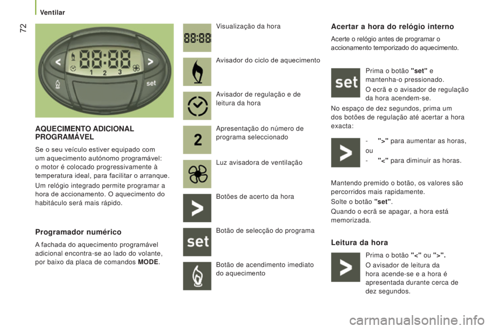 CITROEN JUMPER 2017 Manual do condutor (in Portuguese) 72
Jumper_pt_Chap03_Ergo-et-confort_ed01-2016
Acertar a hora do relógio interno
Acerte o relógio antes de programar o
accionamento temporizado do aquecimento.Prima o botão "set" e
manten CITROEN JUMPER 2017 Manual do condutor (in Portuguese) 72
Jumper_pt_Chap03_Ergo-et-confort_ed01-2016
Acertar a hora do relógio interno
Acerte o relógio antes de programar o
accionamento temporizado do aquecimento.Prima o botão "set" e
manten